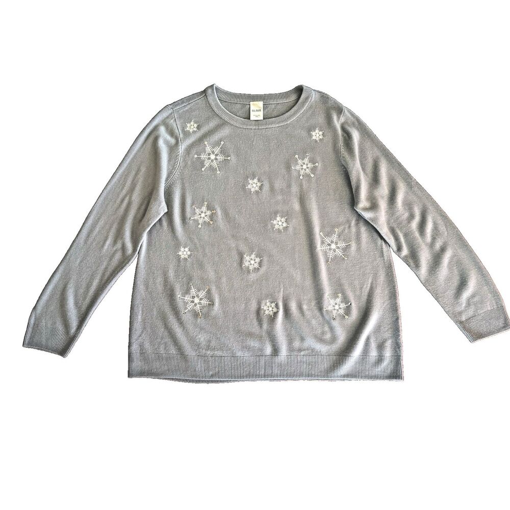 Women's Blair Gray Christmas Snowflake Sweater Sequins Embroidered Soft Sz 2XL